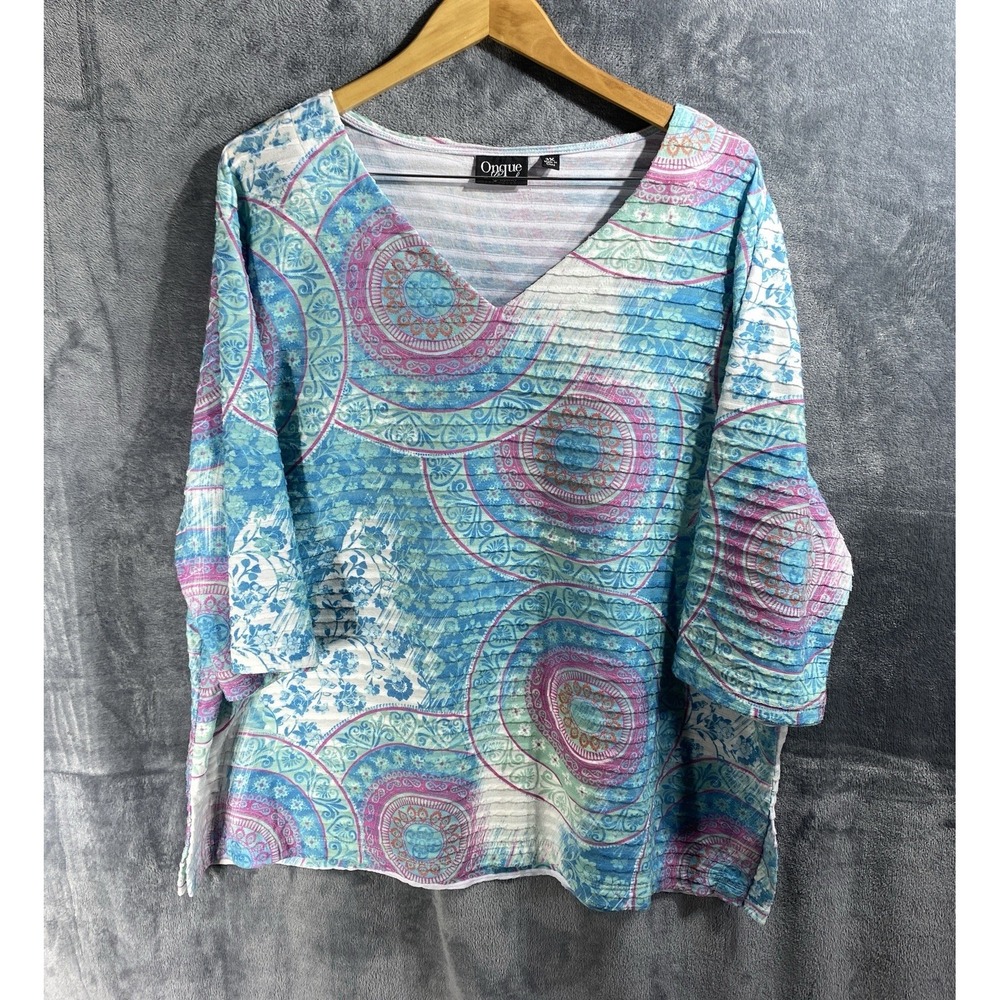 Onque Casuals Womens Tunic Top 3X Blue Rib Textured 3/4 Sleeve Medallion Boho